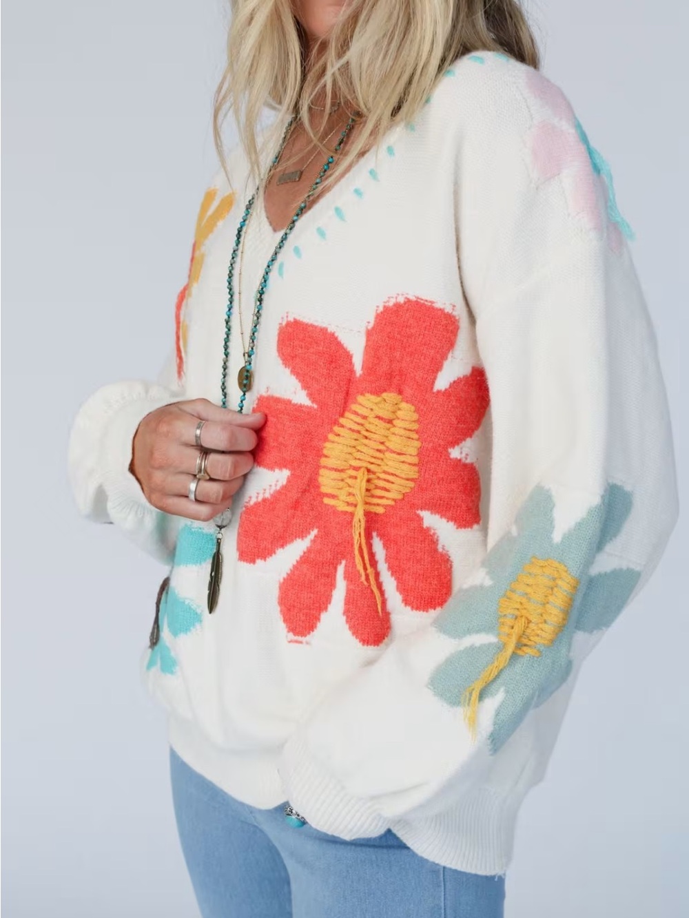 POL Boho Good Mood Flower Sweater in OVERSIZED Medium - Picture 3 of 14